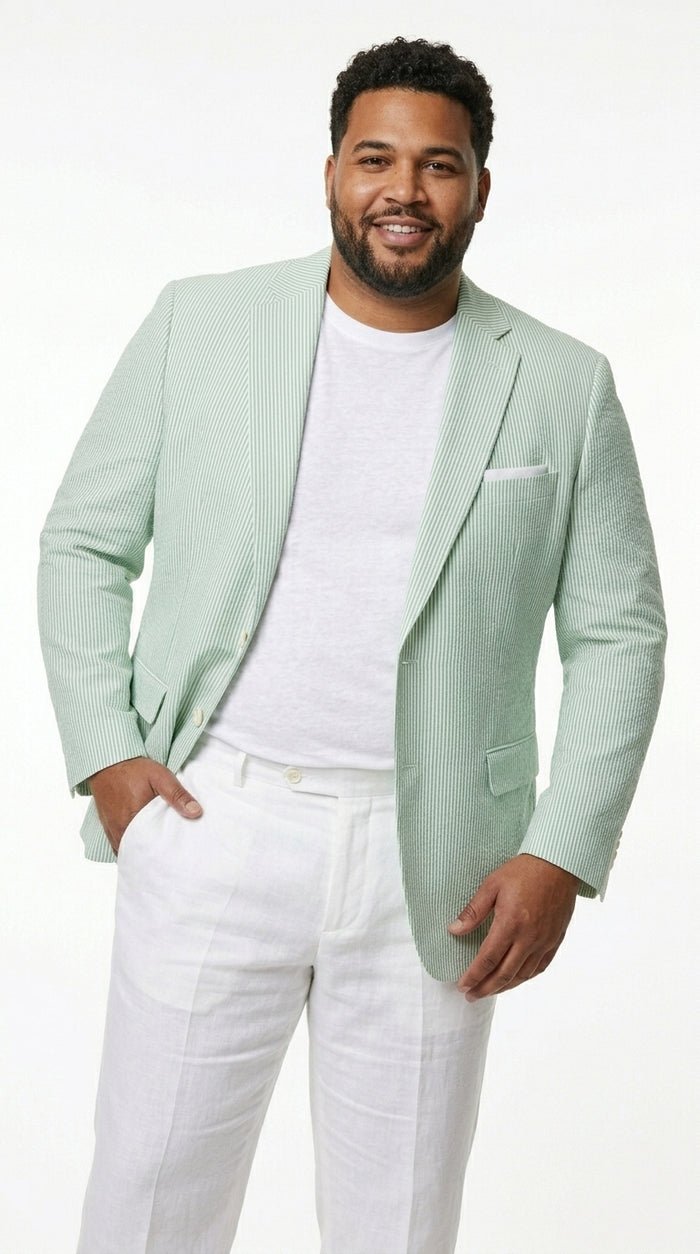 Men’s Green Seersucker Blazer, Lightweight Summer Wedding Business Casual Sport Coat Jacket