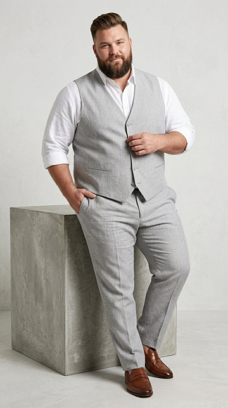 Men’s Light Grey Linen Vest and Pants Set, Beach Wedding Summer Formal Outfit