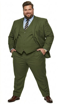 Men’s Olive Vested Suit, Classic Fit 3 Piece Flat Front Formal Wedding Business Suit Set