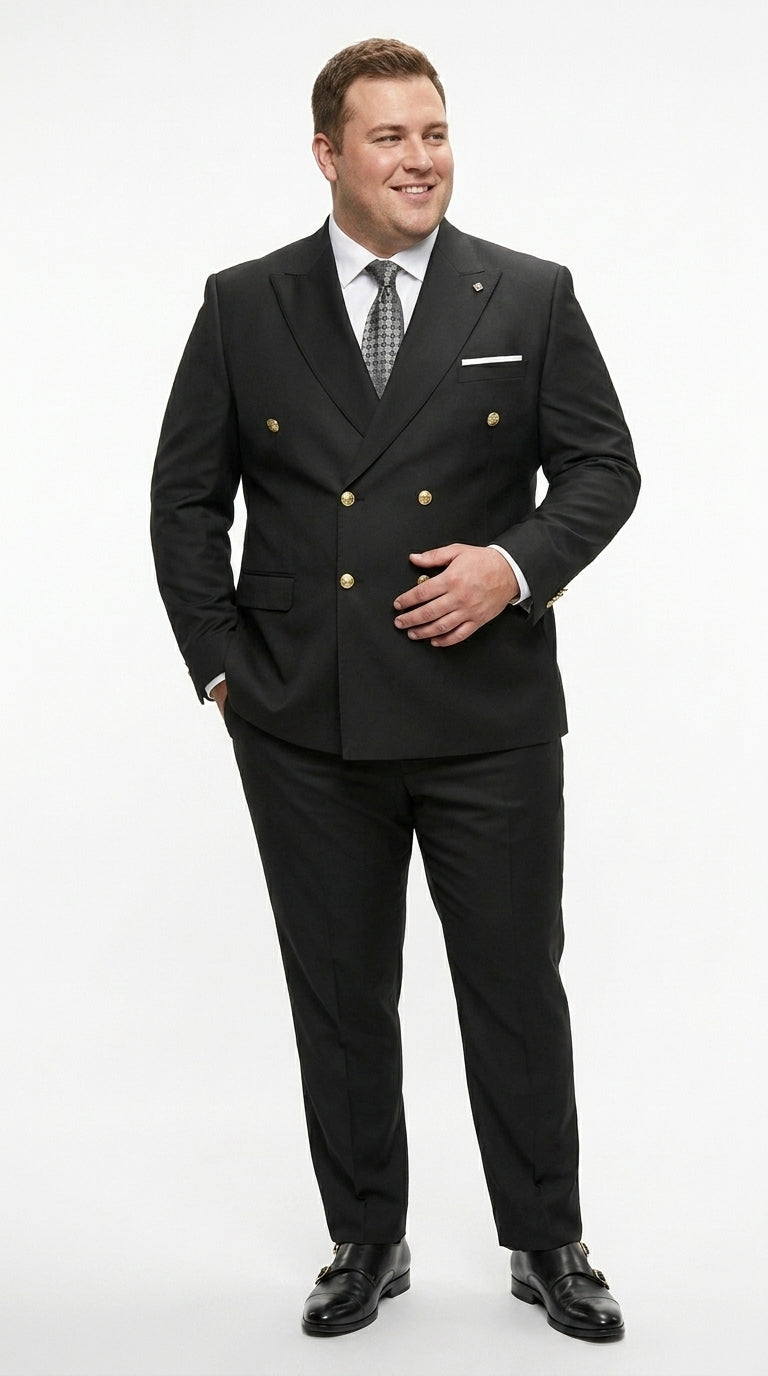 Men’s Black Double Breasted Wool Suit with Gold Buttons, Designer Formal Wedding Business Suit Set Modern Fit