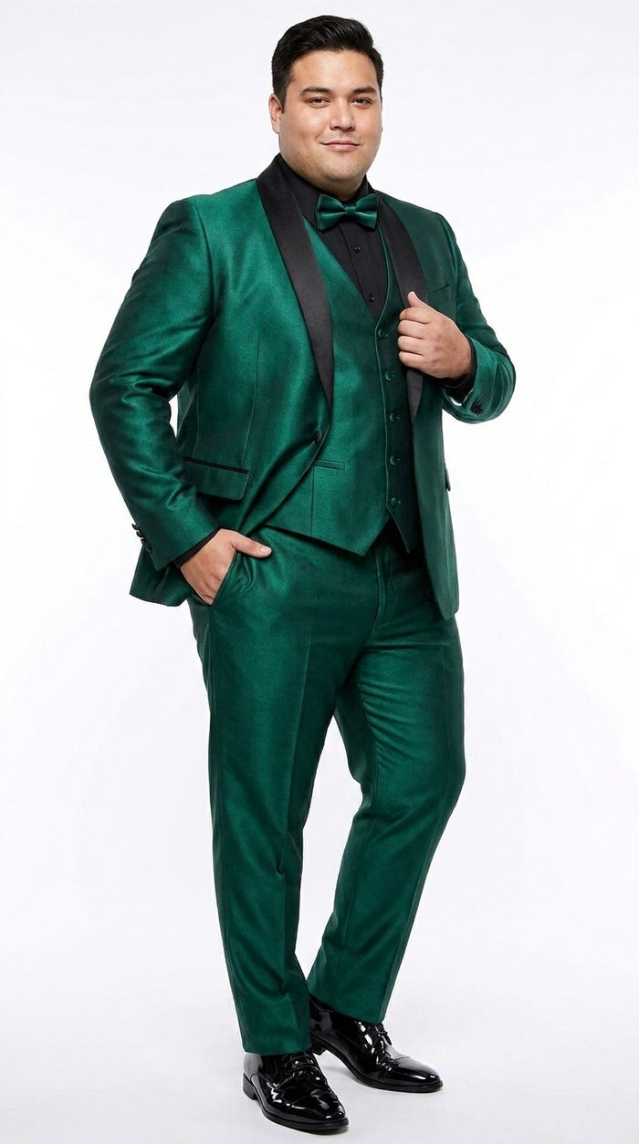 Men’s Emerald Green 3 Piece Tuxedo with Black Satin Shawl Lapel and Matching Vest