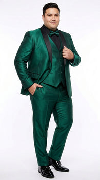 Men’s Emerald Green 3 Piece Tuxedo with Black Satin Shawl Lapel and Matching Vest