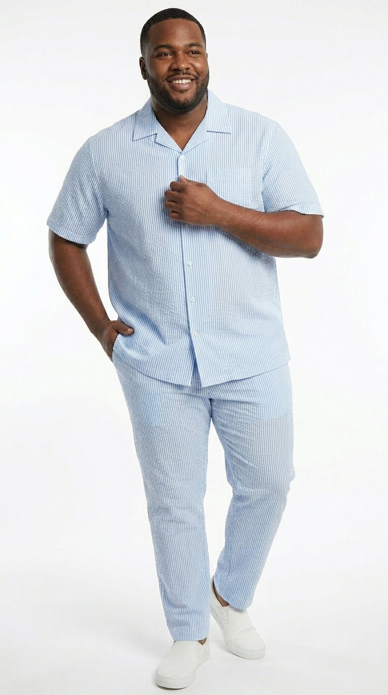 Men’s Blue Seersucker 2 Piece Walking Set, Short Sleeve Shirt and Pants Summer Outfit