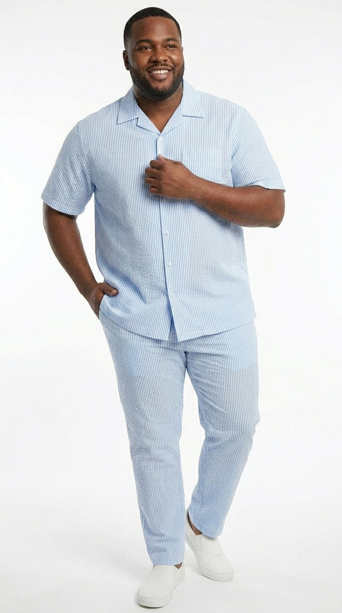 Men’s Blue Seersucker 2 Piece Walking Set, Short Sleeve Shirt and Pants Summer Outfit