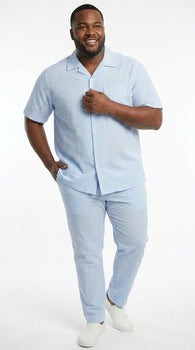 Men’s Blue Seersucker 2 Piece Walking Set, Short Sleeve Shirt and Pants Summer Outfit