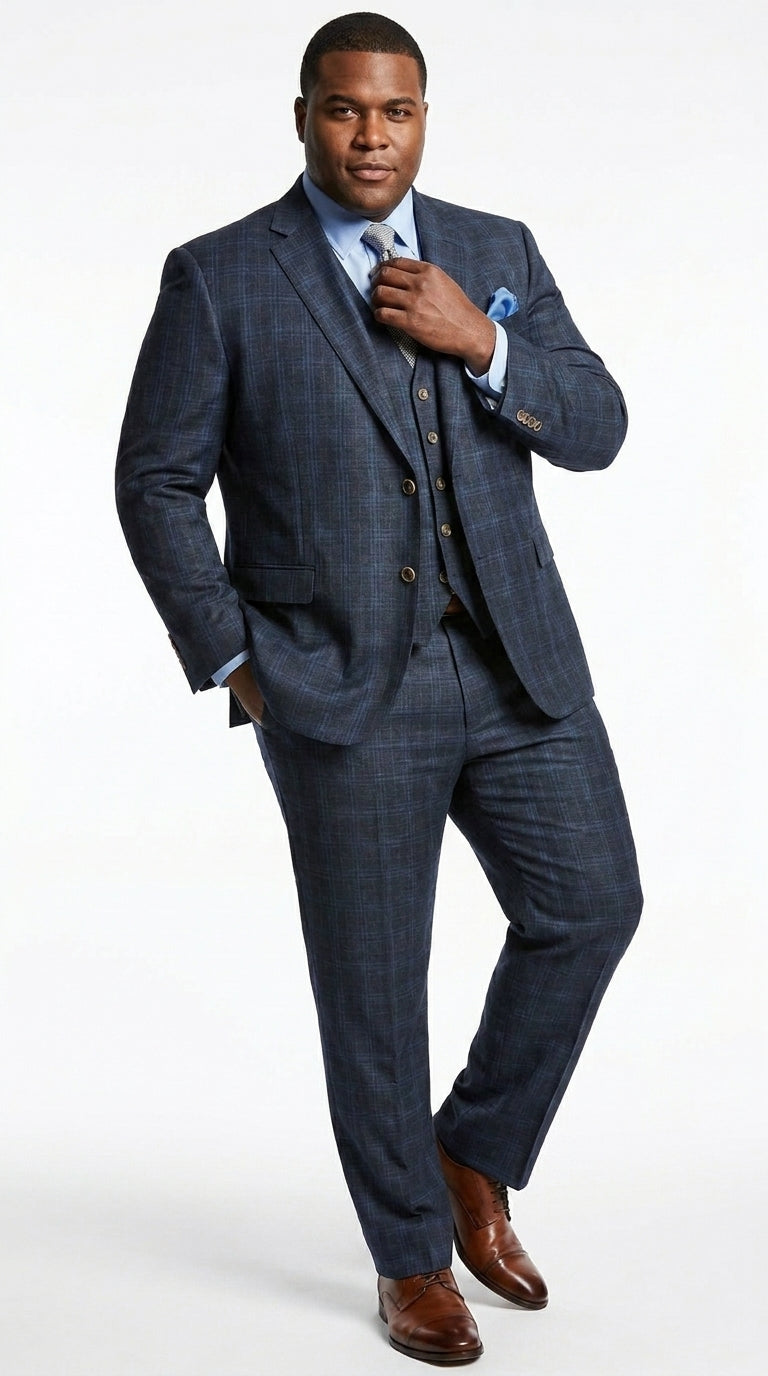 Men’s Charcoal Grey and Blue Plaid 3 Piece Vested Suit, Formal Wedding Business Dress Suit Set