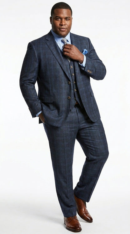 Men’s Charcoal Grey and Blue Plaid 3 Piece Vested Suit, Formal Wedding Business Dress Suit Set