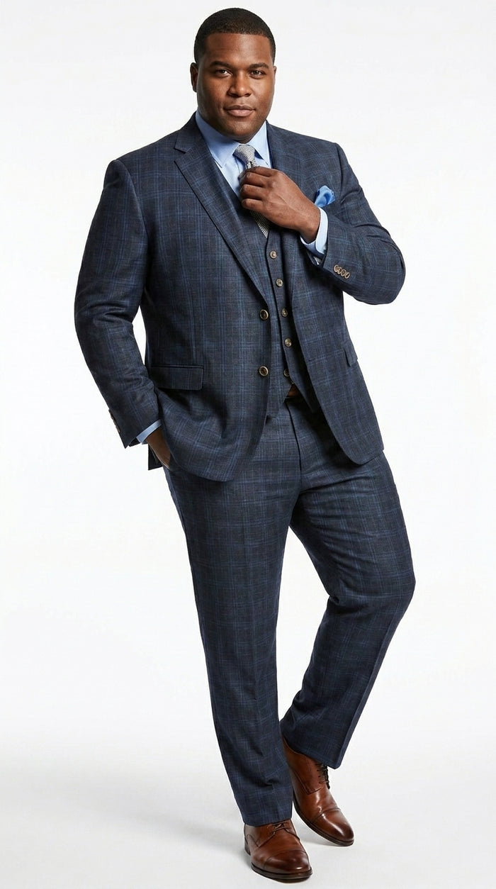 Men’s Charcoal Grey and Blue Plaid 3 Piece Vested Suit, Formal Wedding Business Dress Suit Set