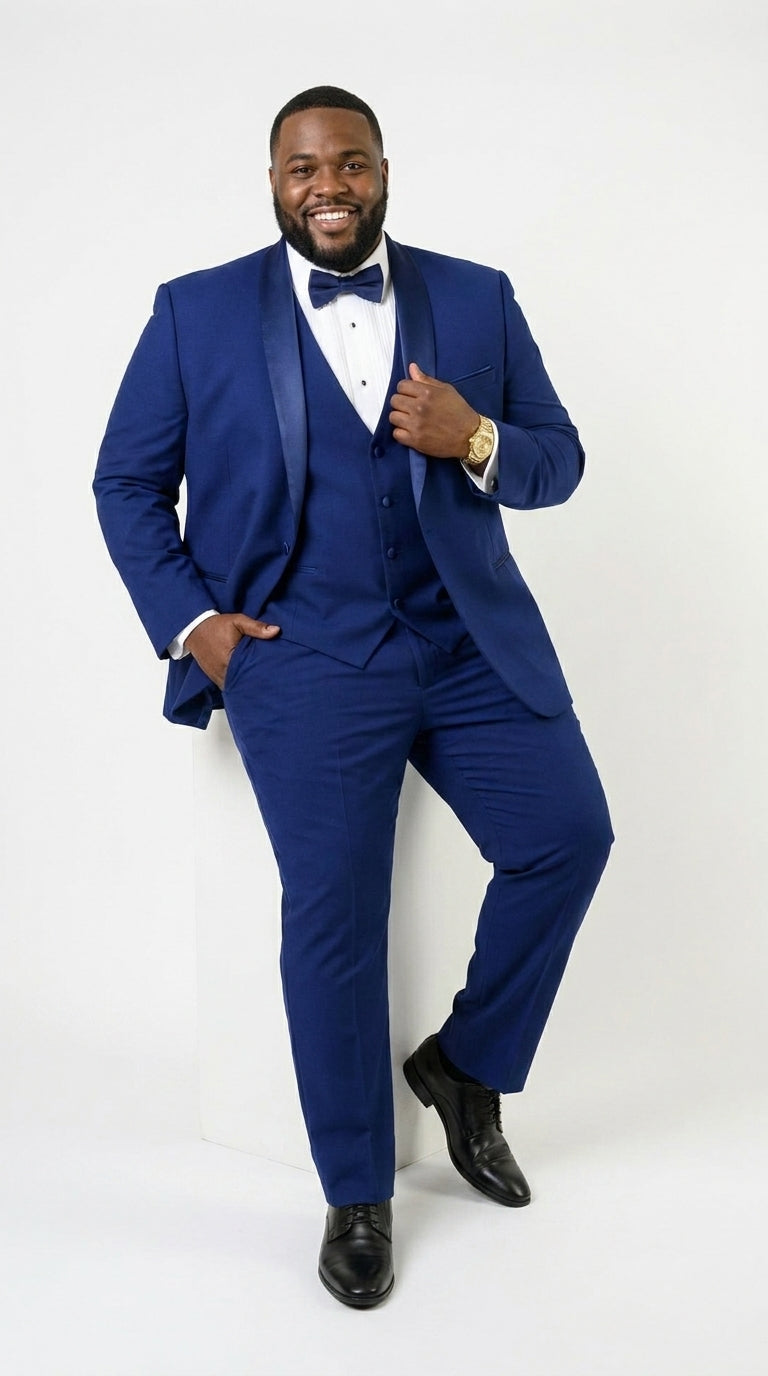 Men’s Bright Sapphire Blue 1 Button Shawl Lapel Vested Tuxedo, Formal Wedding Prom Dinner Suit Set