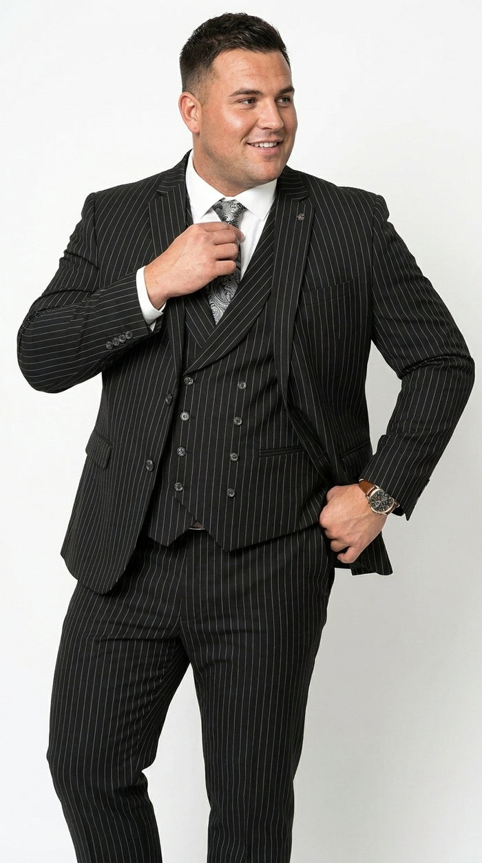 Mens Italian Wool Suit Color Black - Men's Designer Wool Pleated Pant Vested Black Gangster Pinstripe Suit