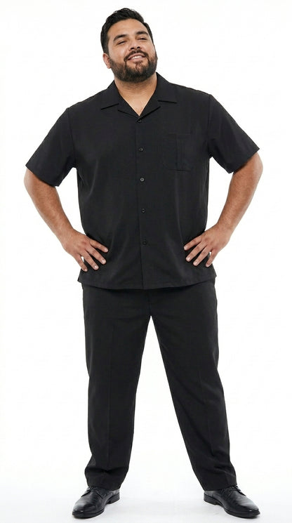 Men’s Black Big and Tall Walking Suit with Short Sleeve Shirt and Matching Pants, Casual Suit up to 6XL
