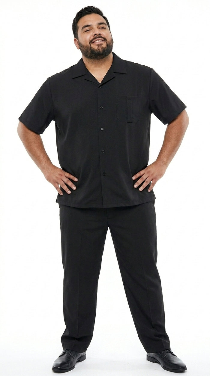 Men’s Black Big and Tall Walking Suit with Short Sleeve Shirt and Matching Pants, Casual Suit up to 6XL