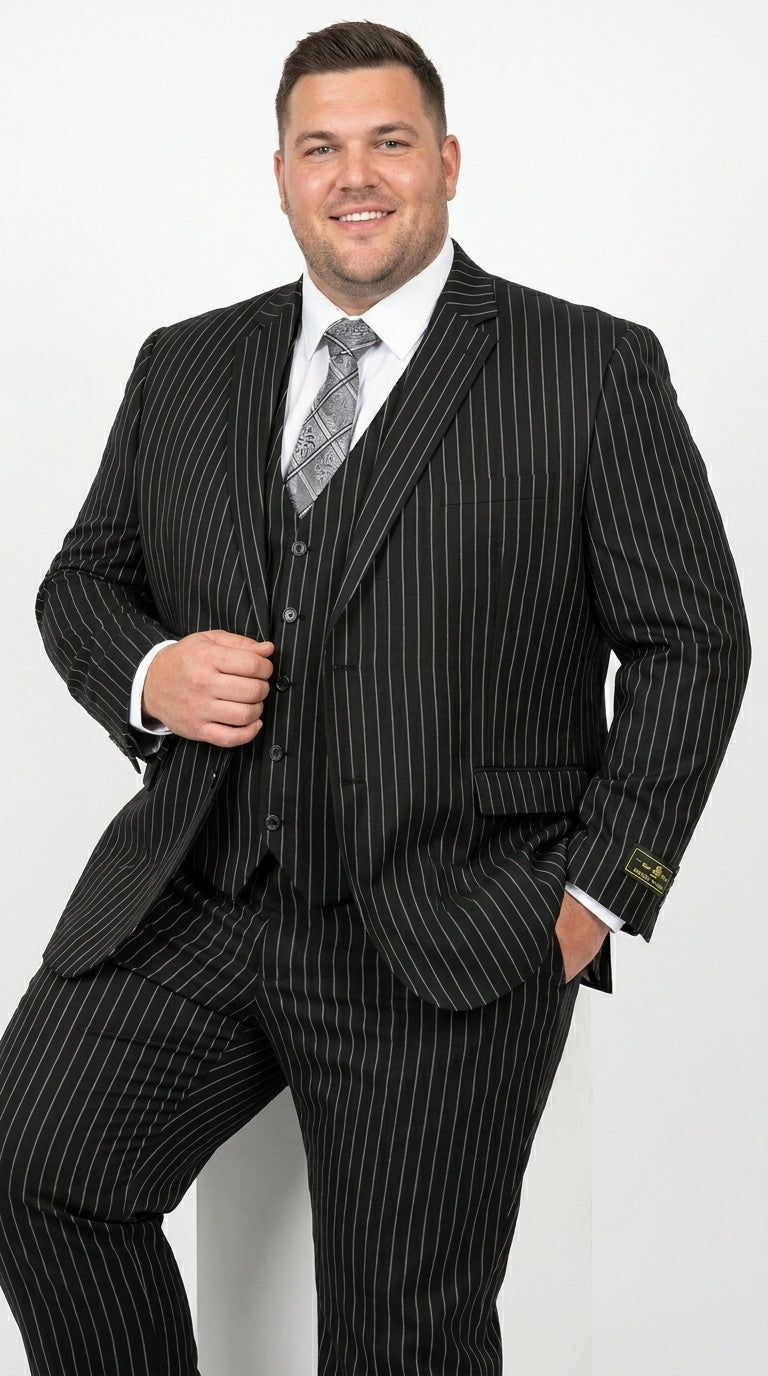 Men’s Jet Liquid Black Suit with White Pinstripes, 2 Button Vested Formal Dress Suit Modern Fit