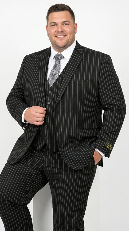Men’s Jet Liquid Black Suit with White Pinstripes, 2 Button Vested Formal Dress Suit Modern Fit