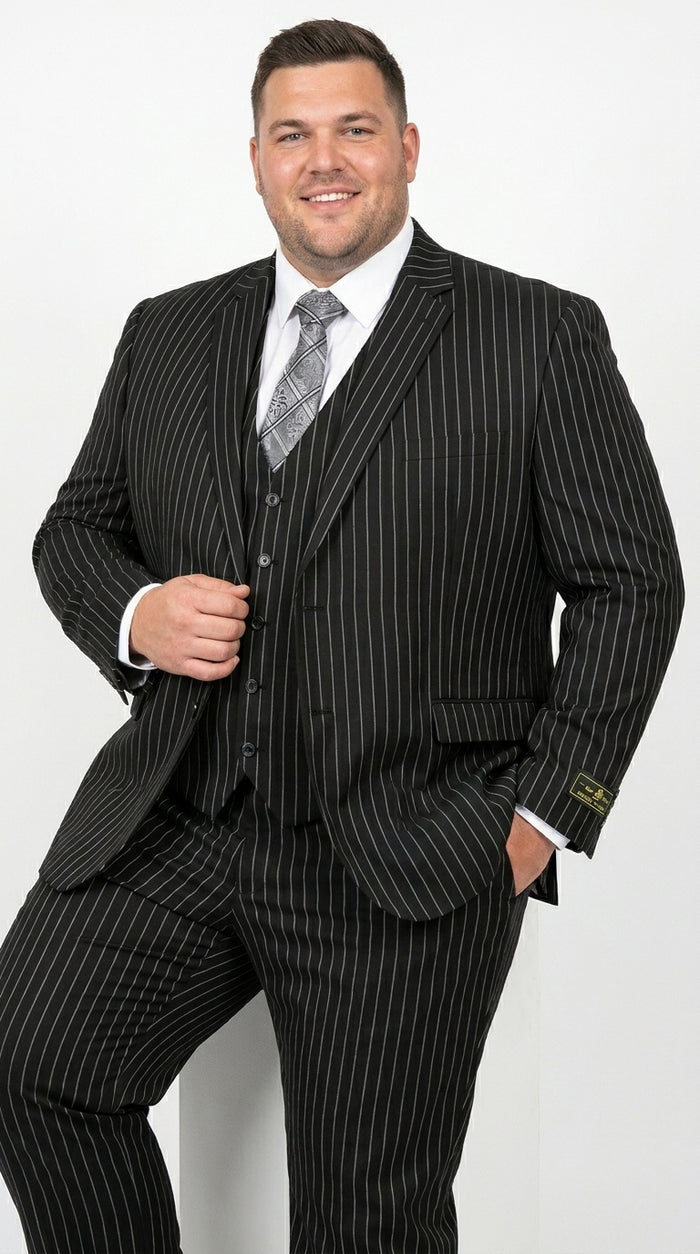 Men’s Jet Liquid Black Suit with White Pinstripes, 2 Button Vested Formal Dress Suit Modern Fit