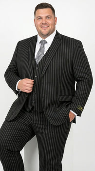 Men’s Jet Liquid Black Suit with White Pinstripes, 2 Button Vested Formal Dress Suit