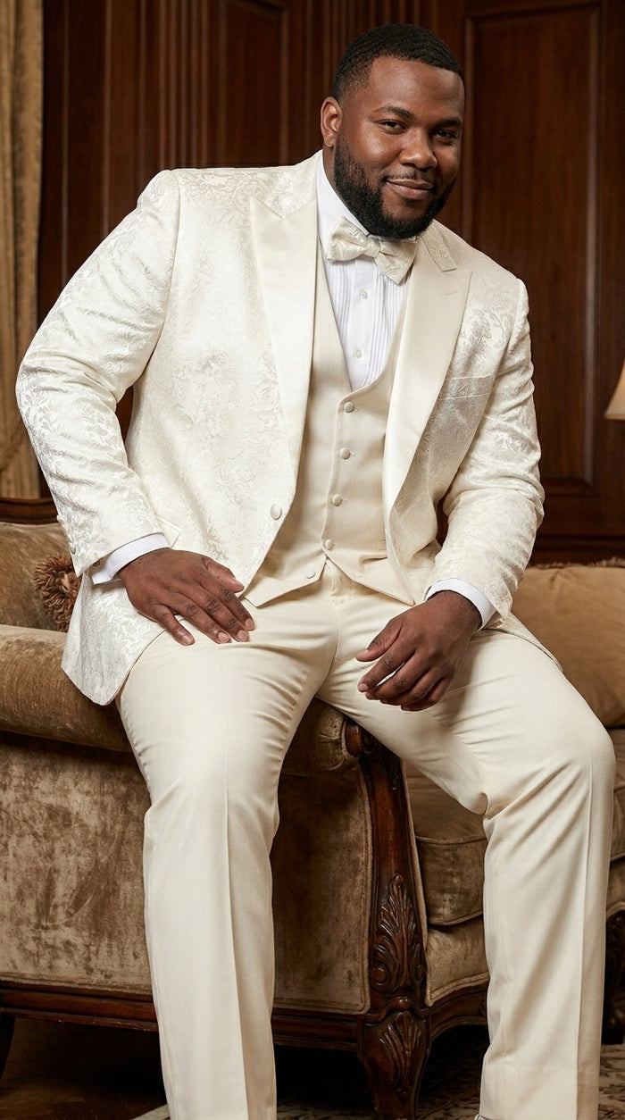 Men’s Champagne Ivory Paisley Dinner Jacket with Bow Tie, Off White Floral Formal Blazer