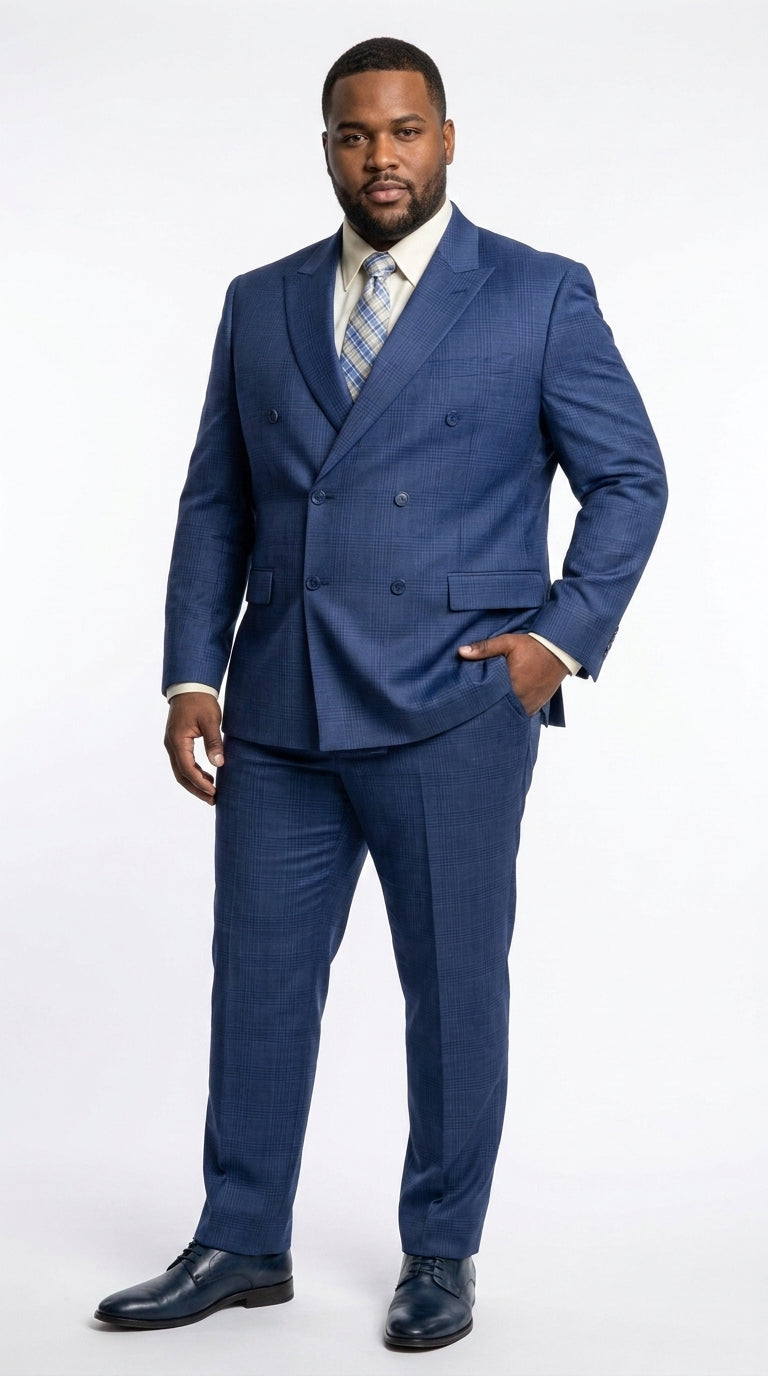 Vinci Men’s Blue Double Breasted Glen Plaid 2 Piece Suit, Formal Wedding Business Dress Suit Modern Fit