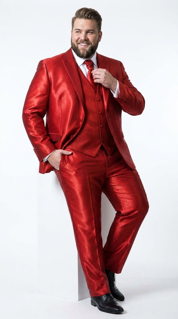 Men’s Red Shiny 3-Piece Suit – Satin Wedding, Prom, Party and Formal Suit with Vest