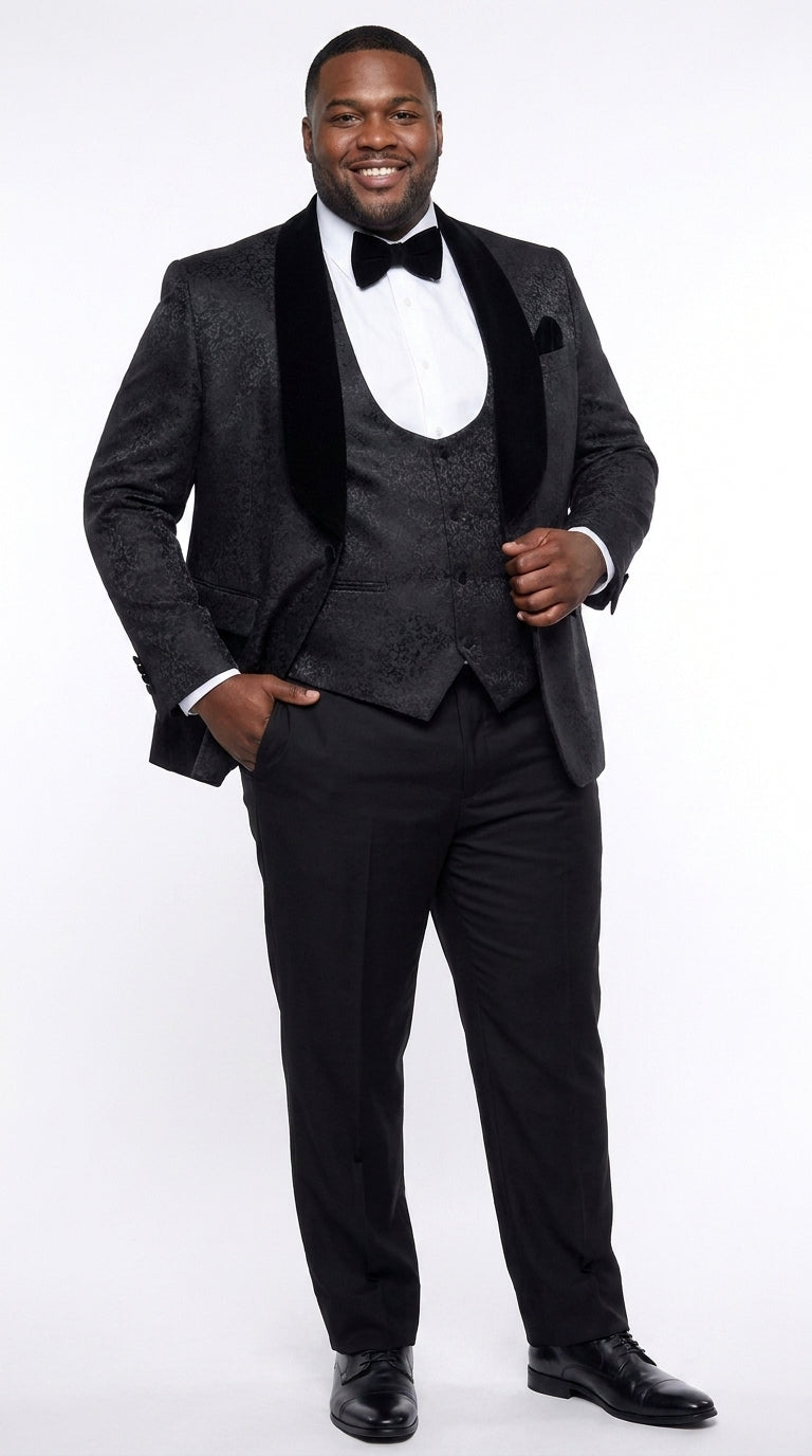 Rossi Man Men’s Black 3-Piece Tuxedo - Floral Jacquard Shawl Lapel Wedding and Prom Suit