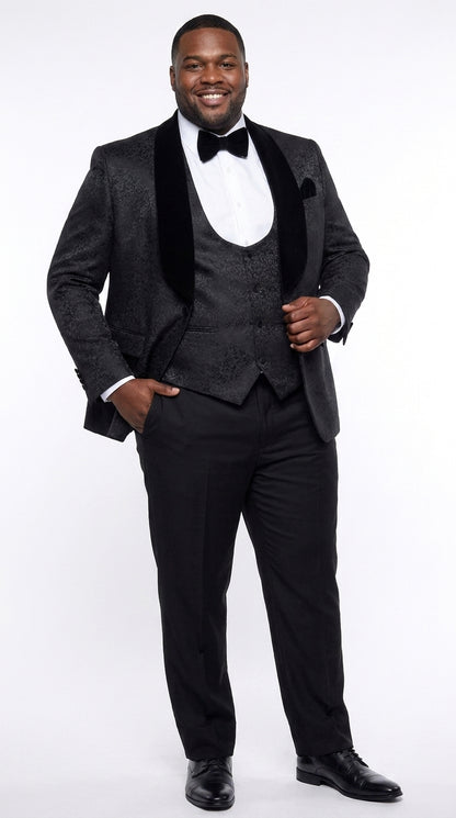 Rossi Man Men’s Black 3-Piece Tuxedo - Floral Jacquard Shawl Lapel Wedding and Prom Suit