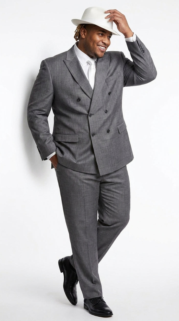 Men’s Grey 1920s Gangster Suit Package – Double-Breasted Suit with Untouchable Hat, Shirt and Tie Modern Fit