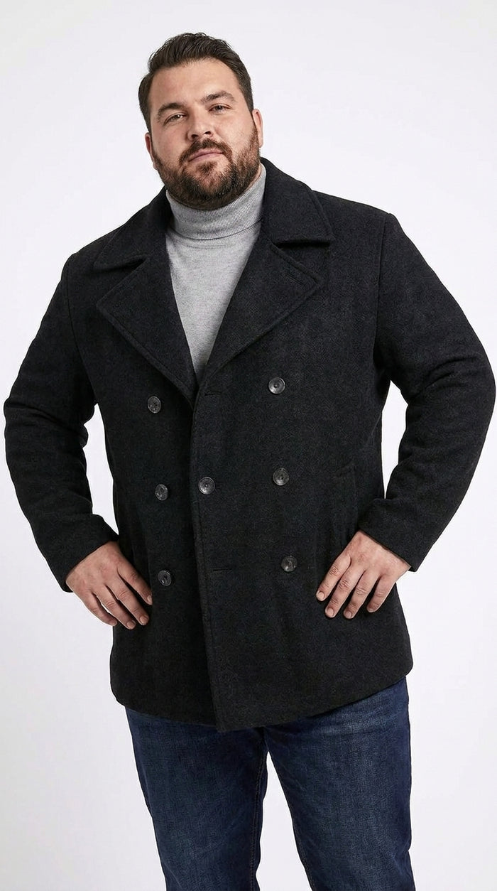 Men’s Black Big and Tall Wool Peacoat – Regular Fit Double-Breasted Winter Coat