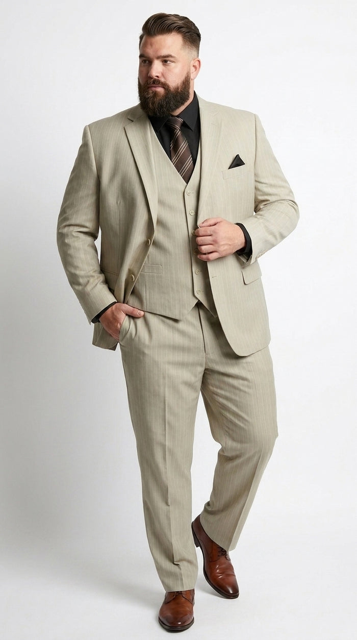 Men’s Tan Beige Pinstripe 3 Piece Vested Suit, 2 Button Formal Wedding Business Dress Suit
