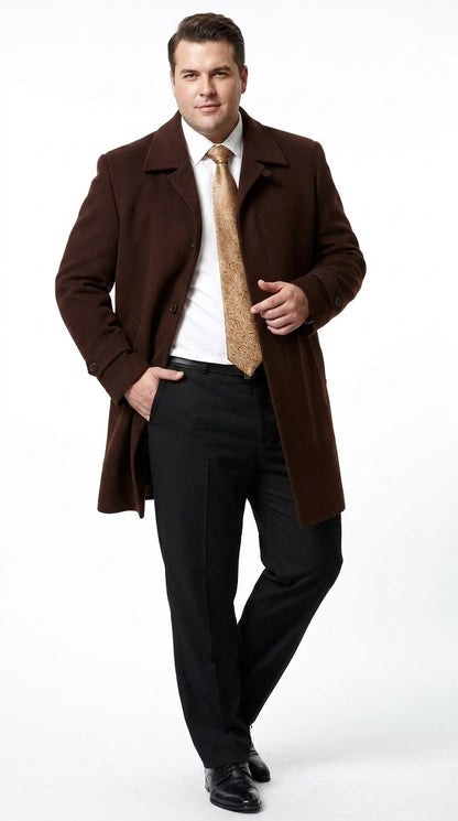 Men’s Brown Plush Microfiber Top Coat – Classic Full-Length Dress Coat for Business, Church and Formal Wear