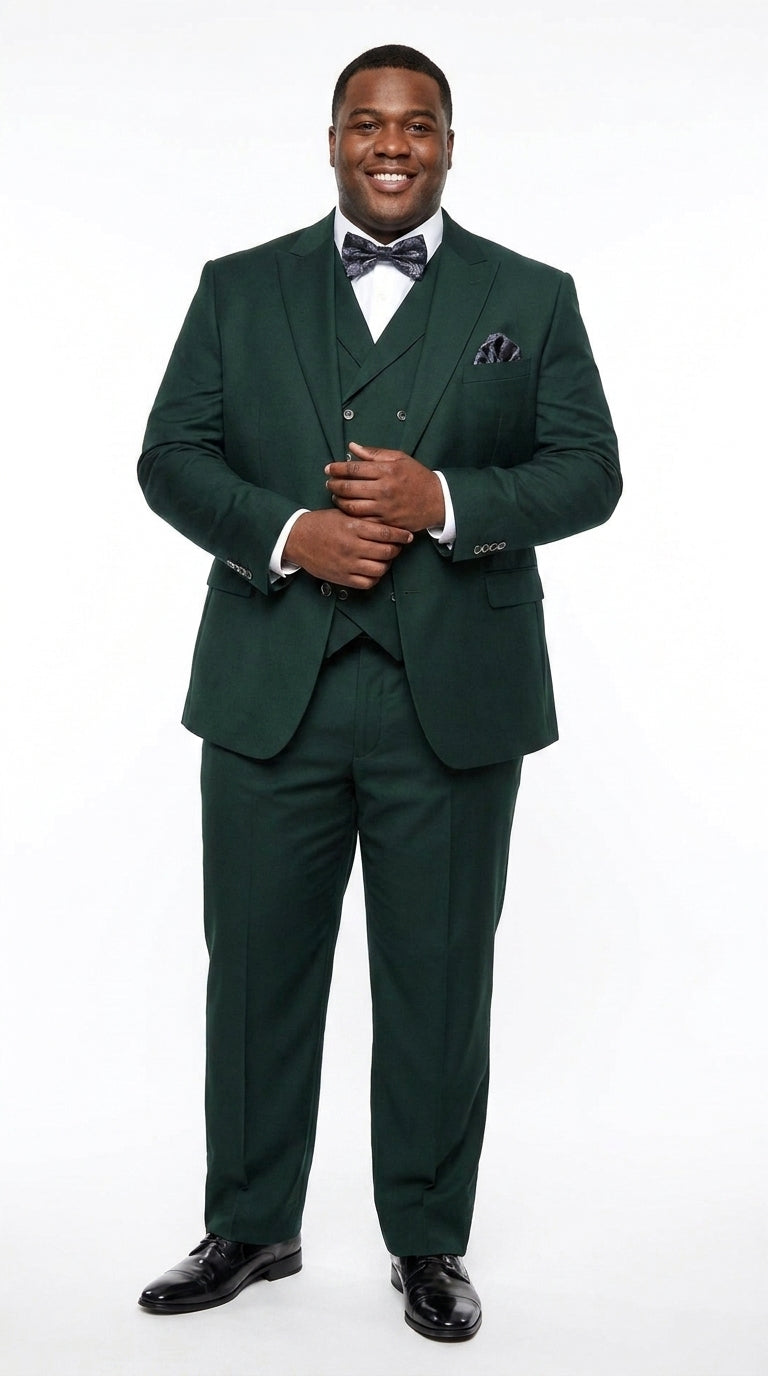 Men’s Hunter Green Big and Tall 3-Piece Wool Suit – Classic Fit Peak Lapel Suit with Double-Breasted Vest and Pleated Pants