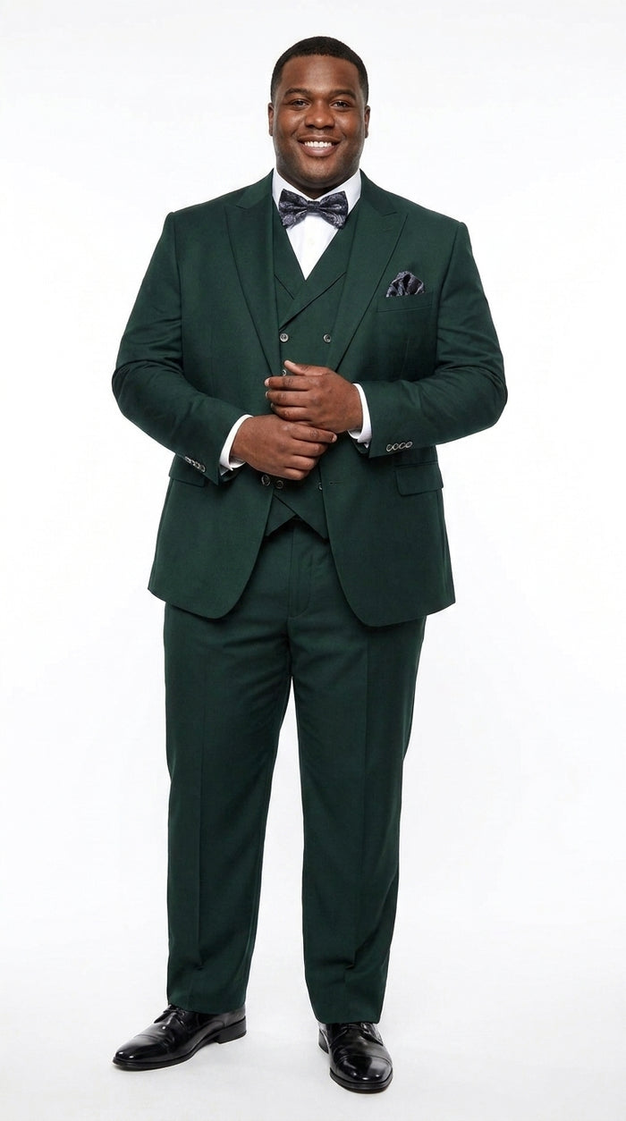 Men’s Hunter Green Big and Tall 3-Piece Wool Suit – Classic Fit Peak Lapel Suit with Double-Breasted Vest and Pleated Pants