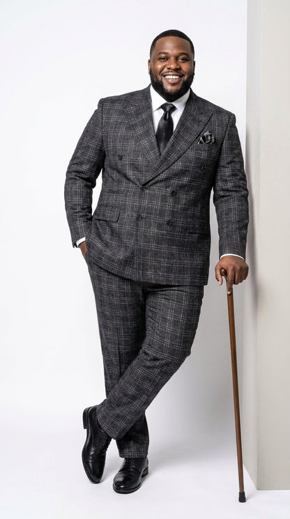 Rossi Man Men’s Charcoal Plaid Double-Breasted Suit – Windowpane Wedding, Business and Formal 2-Piece Suit  Modern Fit