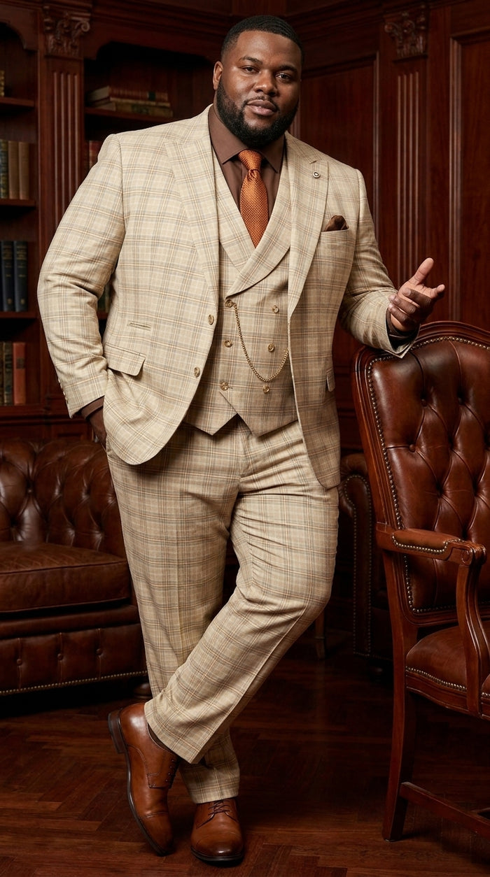 Marc Darcy Men’s Khaki Tan Windowpane Plaid 3-Piece Wedding Suit – Double-Breasted Vest and Matching Pants Modern Fit