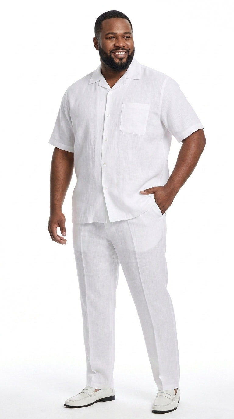 Men’s White 100% Linen Walking Suit, Short Sleeve Shirt and Pleated Pants Casual Two Piece Set