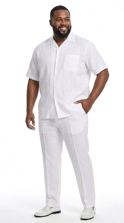 Men’s White 100% Linen Walking Suit, Short Sleeve Shirt and Pleated Pants Casual Two Piece Set