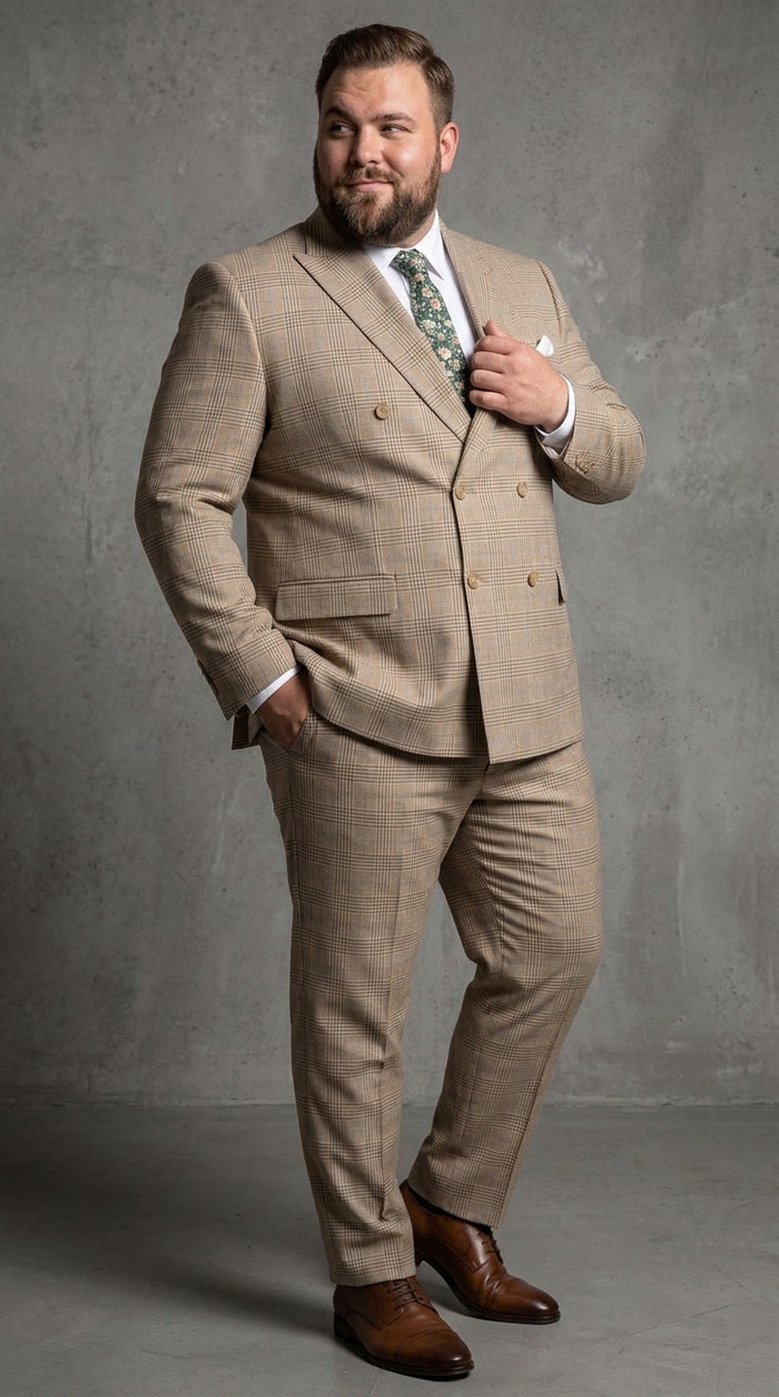 Alexander Collection Men’s Beige Double-Breasted Windowpane Suit – Regular Fit 2-Piece Wedding, Business and Formal Suit