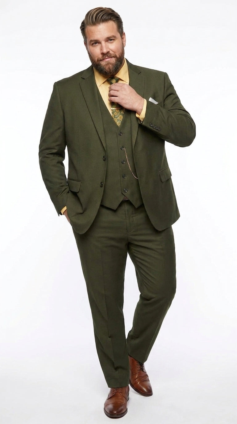 Men's Olive Green 3 Piece Suit – Classic Fit Vested Wedding, Business & Formal Suit with Flat Front Pants