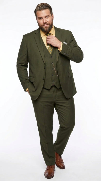 Men's Olive Green 3 Piece Suit – Classic Fit Vested Wedding, Business & Formal Suit with Flat Front Pants