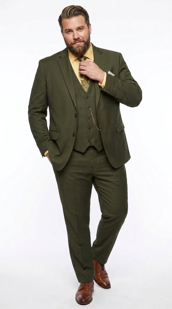 Men's Olive Green 3 Piece Suit – Classic Fit Vested Wedding, Business & Formal Suit with Flat Front Pants