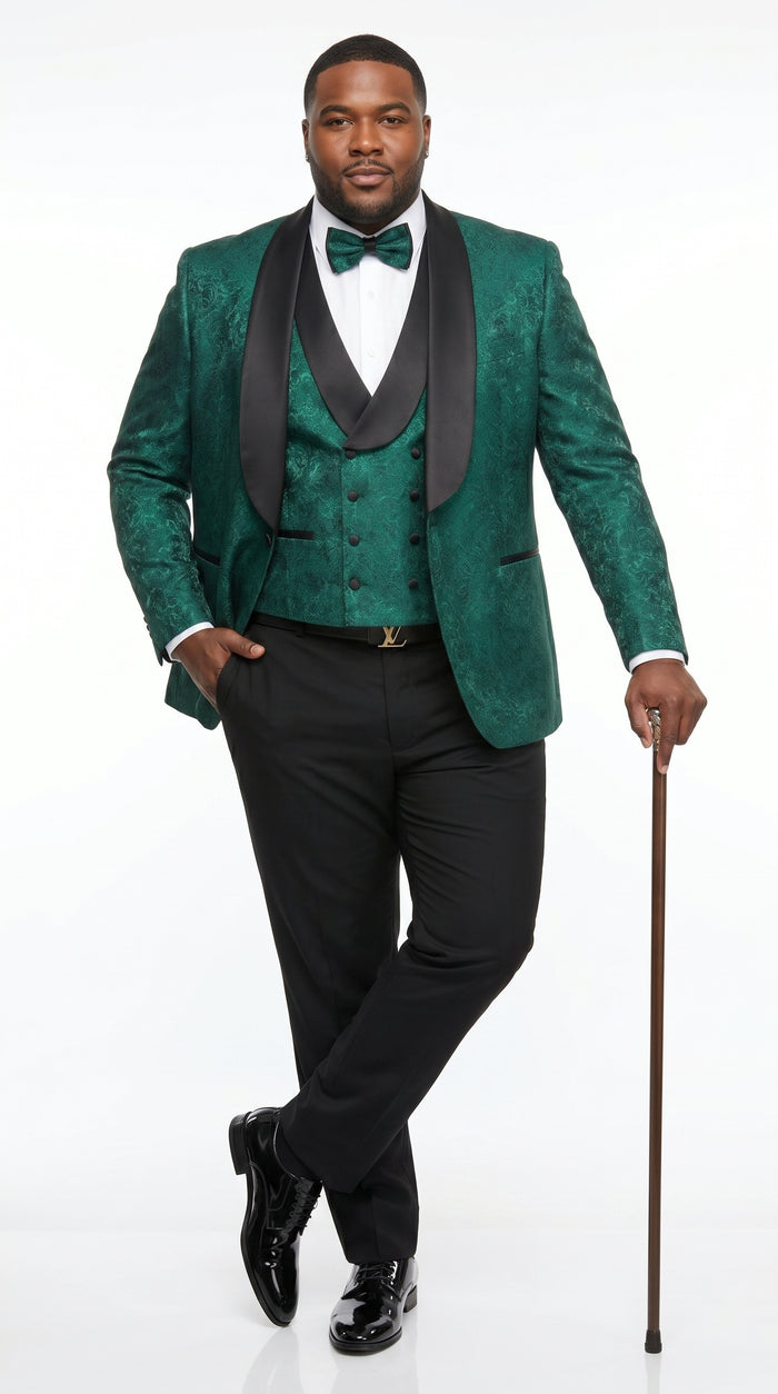 Men’s Hunter Green Textured Pattern  Suit with Black Shawl Lapel, Formal Wedding Prom Suit Modern Fit