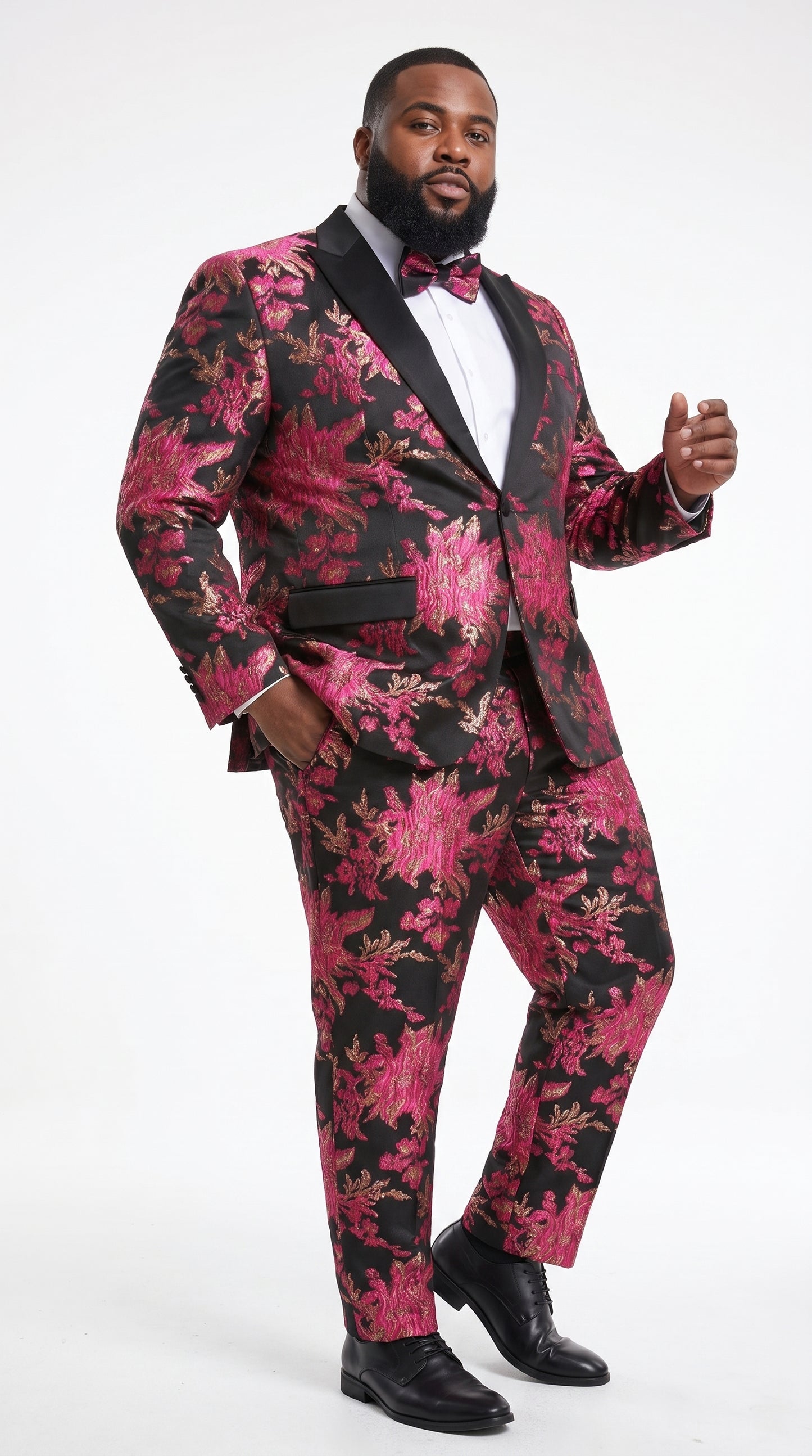 Men’s Fuchsia Pink and Black Floral Paisley Prom Tuxedo Suit, Shawl Lapel Wedding Party Formal Wear