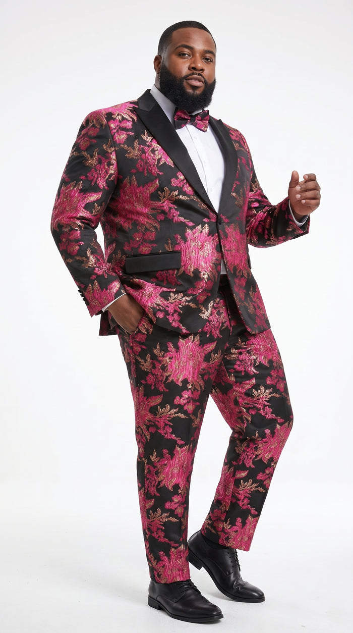 Men’s Fuchsia Pink and Black Floral Paisley Prom Tuxedo Suit, Shawl Lapel Wedding Party Formal Wear