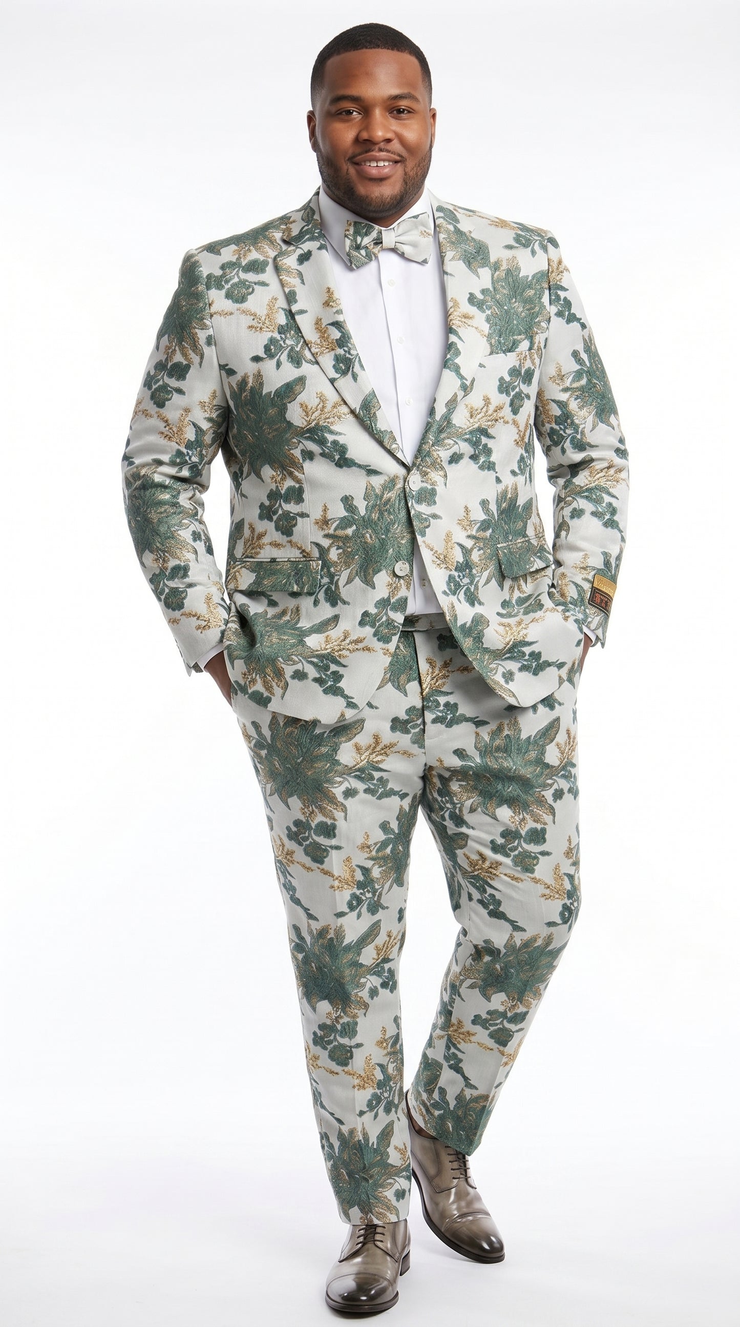 Men’s Green and Gold Floral Paisley Tuxedo Suit with Matching Bow Tie, Fancy Prom Wedding Formal Suit Set