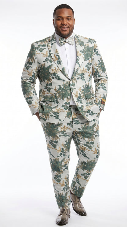 Men’s Green and Gold Floral Paisley Tuxedo Suit with Matching Bow Tie, Fancy Prom Wedding Formal Suit Set