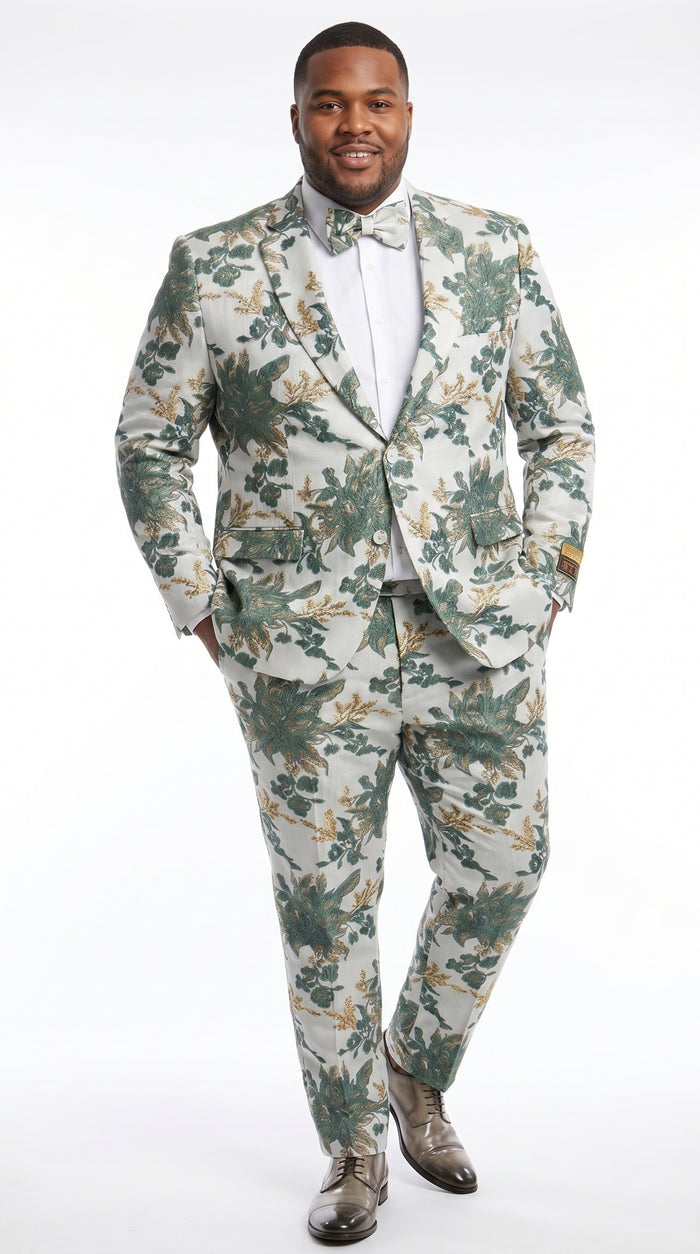 Men’s Green and Gold Floral Paisley Tuxedo Suit with Matching Bow Tie, Fancy Prom Wedding Formal Suit Set