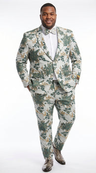 Men’s Green and Gold Floral Paisley Tuxedo Suit with Matching Bow Tie, Fancy Prom Wedding Formal Suit Set