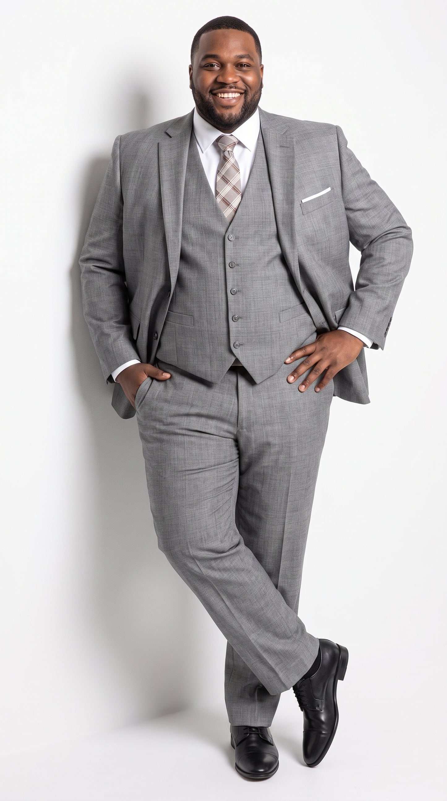 Men’s Charcoal Grey Windowpane Plaid 3 Piece Suit, 2 Button Vested Formal Dress Suit