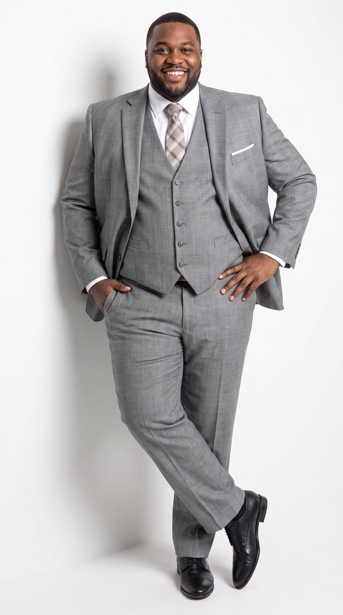Men’s Charcoal Grey Windowpane Plaid 3 Piece Suit, 2 Button Vested Formal Dress Suit