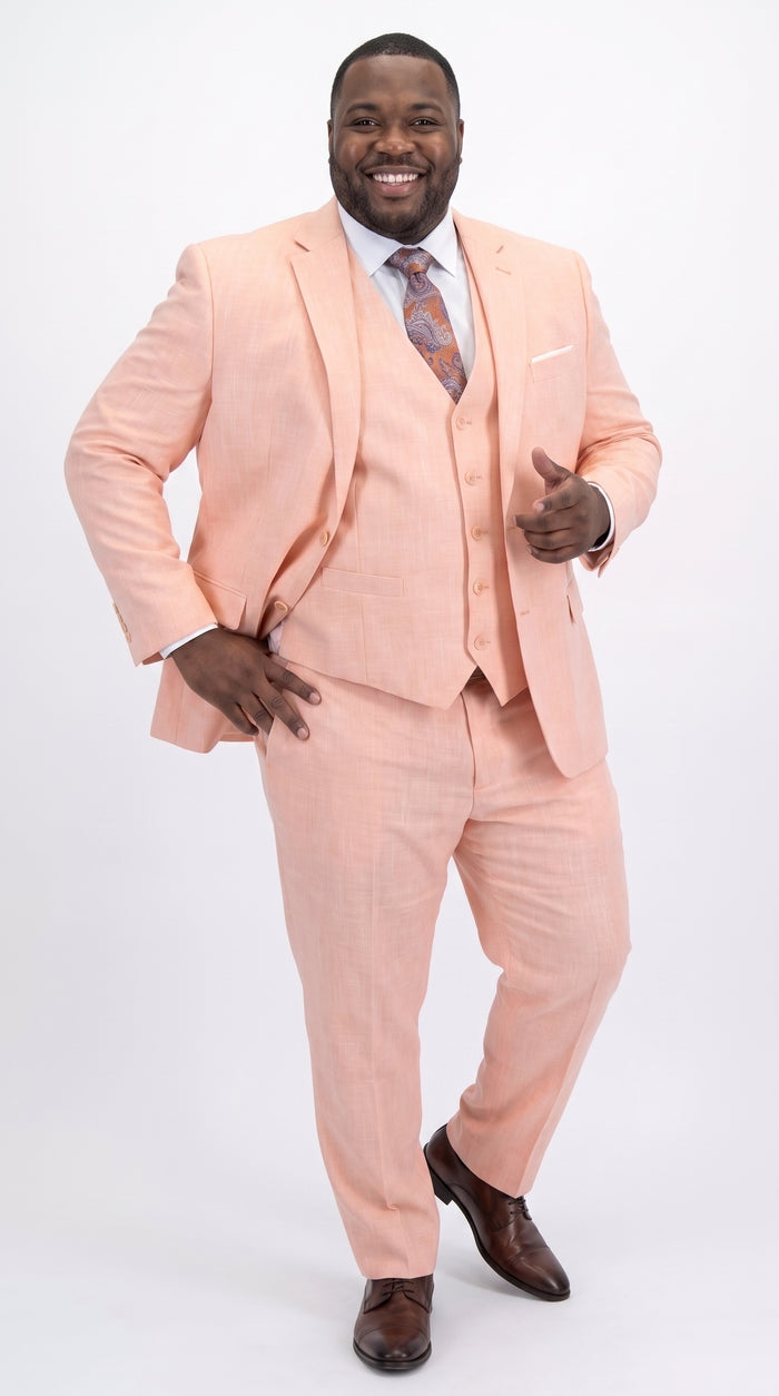 Men’s Peach Light Orange Blush 3 Piece Summer Suit with 2 Button Jacket and Ticket Pocket