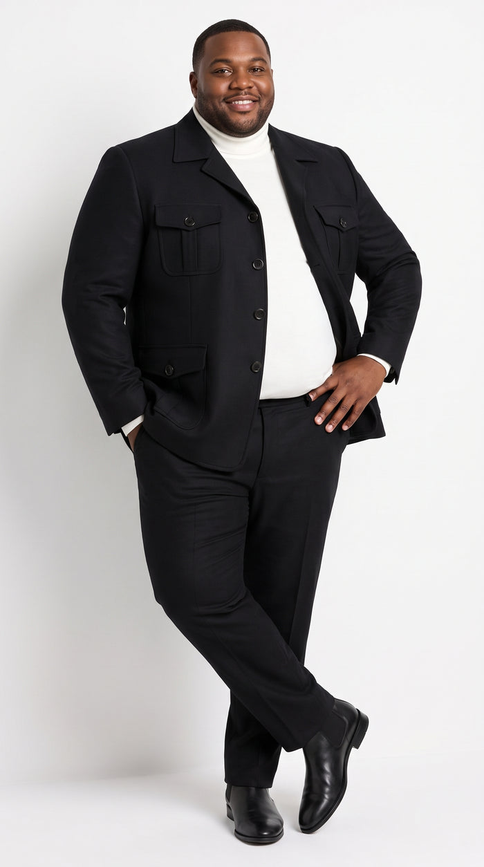 Men’s Black Safari Walking Suit, Utility Jacket and Trousers Casual Dress Set
